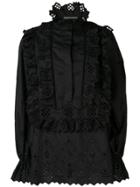 Alberta Ferretti Embroidered Ruffled Front Bib Blouse - Black
