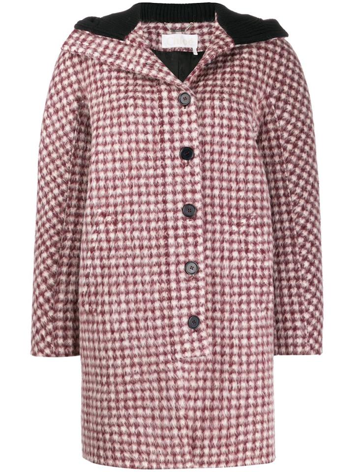 Chloé Checked Hooded Coat - Red