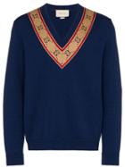 Gucci V-neck Gg Motif Sweater - Blue