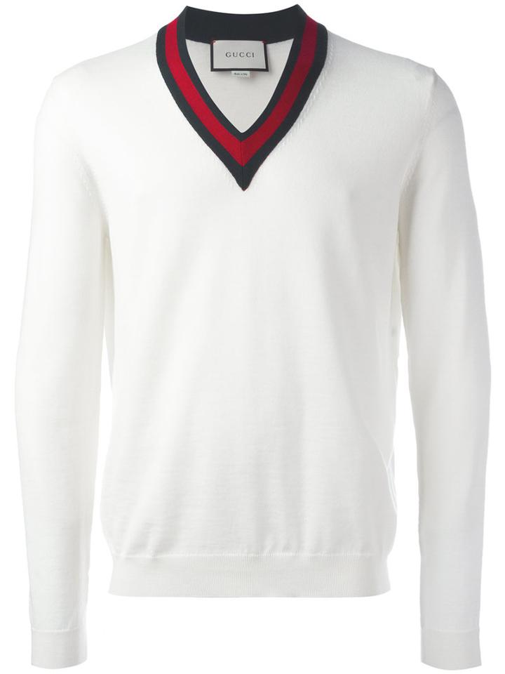 Gucci Web V-neck Jumper, Men's, Size: Large, White, Wool