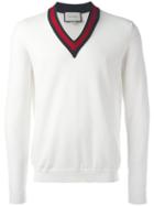 Gucci Web V-neck Jumper, Men's, Size: Large, White, Wool