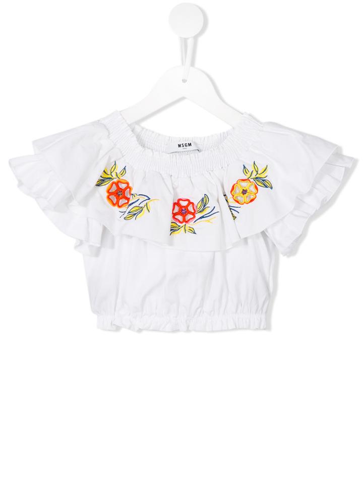 Msgm Kids Floral Embroidered Peasant Top, Girl's, Size: 12 Yrs, White