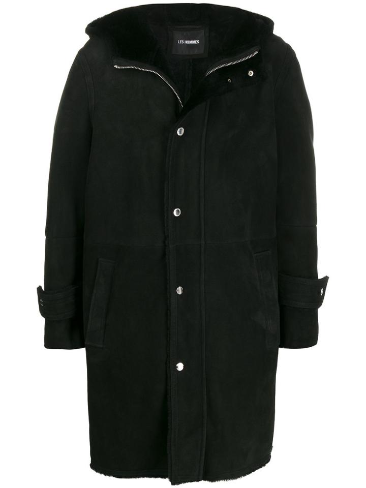 Les Hommes Contrast Textured Button Cuff Coat - Black