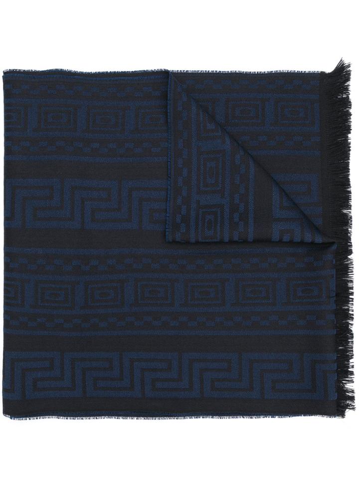 Versace Greca Embroidered Frayed Scarf - Black