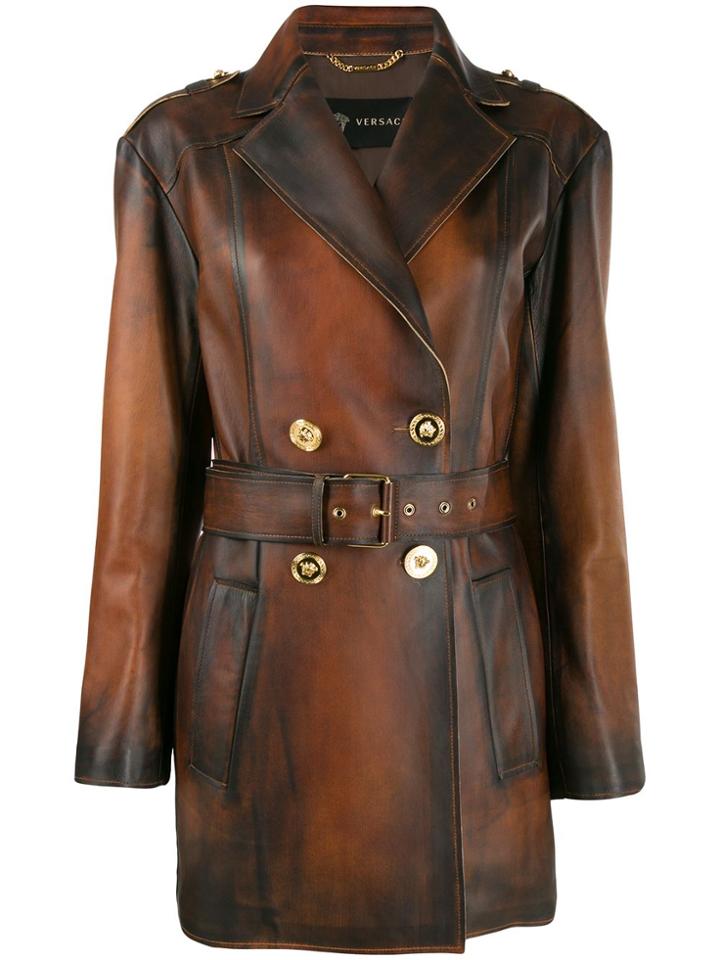 Versace Belted Distressed-leather Coat - Brown