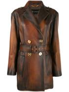 Versace Belted Distressed-leather Coat - Brown