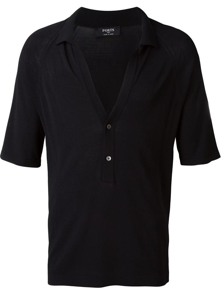 Ports 1961 Deep V Neck Polo Shirt, Men's, Size: Large, Black, Polyester/viscose