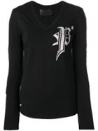 Philipp Plein Logo Studded Ribbed Trim Top - Black
