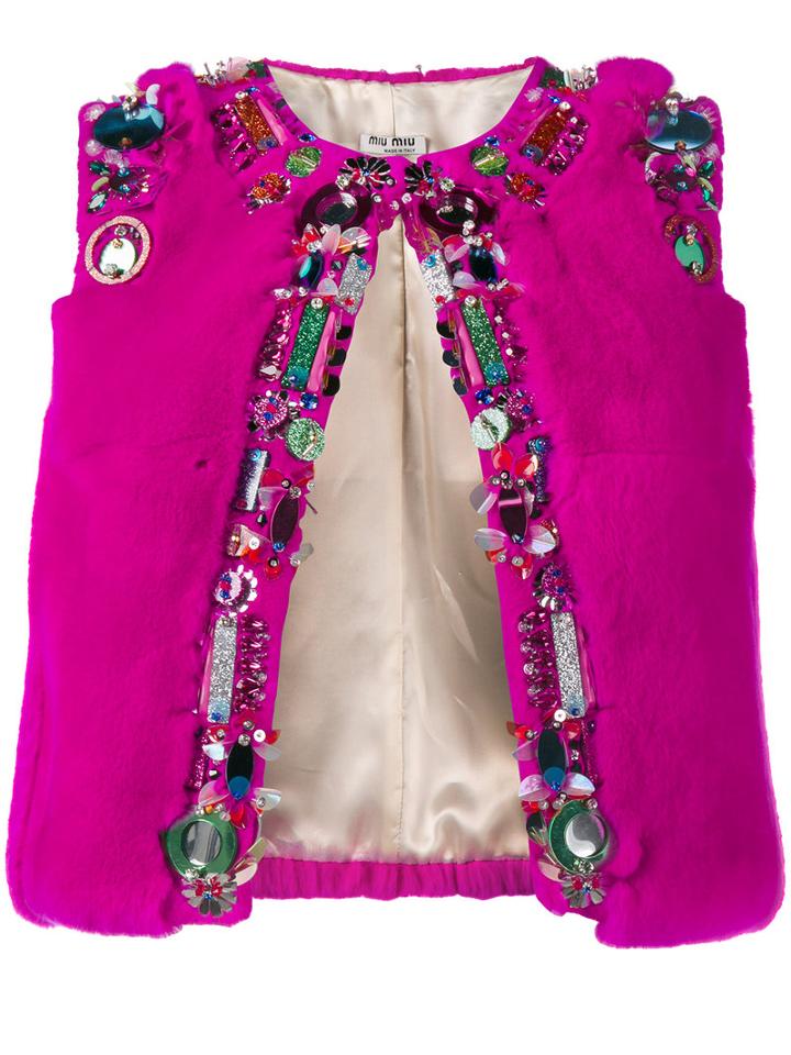 Miu Miu Bead Embellished Cropped Gilet, Women's, Size: 40, Pink/purple, Rabbit Fur/viscose/metal/glass