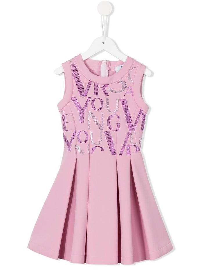 Young Versace Beaded Logo Pleated Dress, Girl's, Size: 10 Yrs, Pink/purple