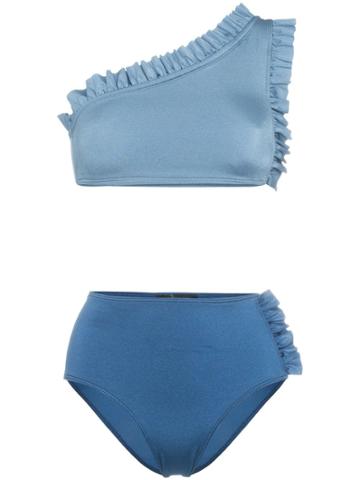 Leslie Amon Tamini Ruffle One-shoulder High Waist Bikini - Purple