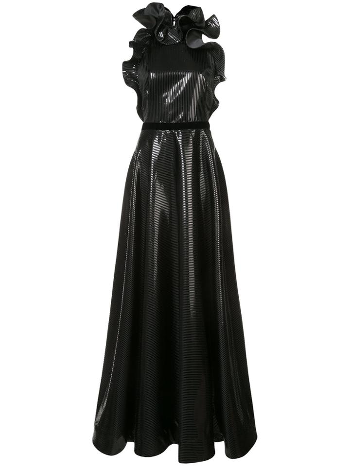Nha Khanh Frill Trim Striped Detail Gown - Black