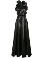 Nha Khanh Frill Trim Striped Detail Gown - Black