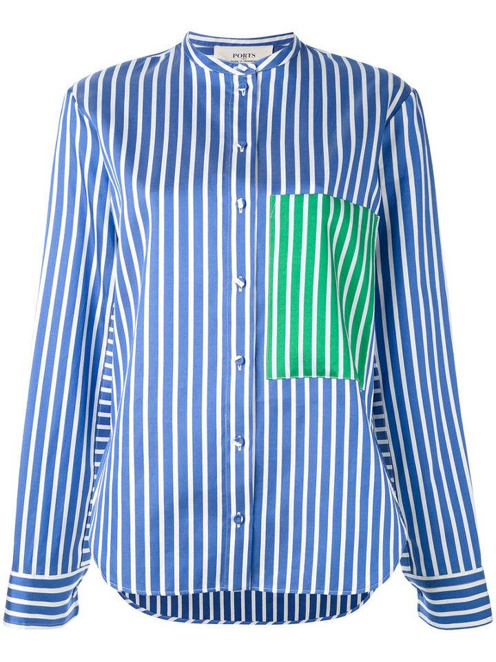 Ports 1961 - Contrast Patch Striped Cape Sleeve Shirt - Women - Silk/cotton/polyester - 40, Blue, Silk/cotton/polyester