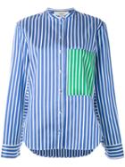 Ports 1961 - Contrast Patch Striped Cape Sleeve Shirt - Women - Silk/cotton/polyester - 40, Blue, Silk/cotton/polyester