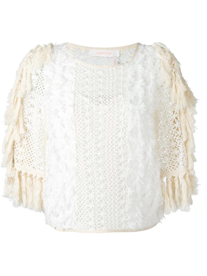 See By Chloé Fringed Open Knit Top, Women's, Size: 38, White, Viscose/polyester/cotton
