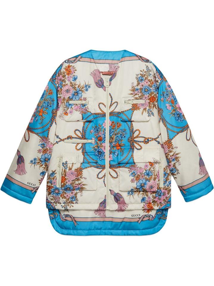 Gucci Padded Nylon Jacket With Flowers And Tassels - White