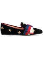 Gucci Gold Embroidered Loafers - Black