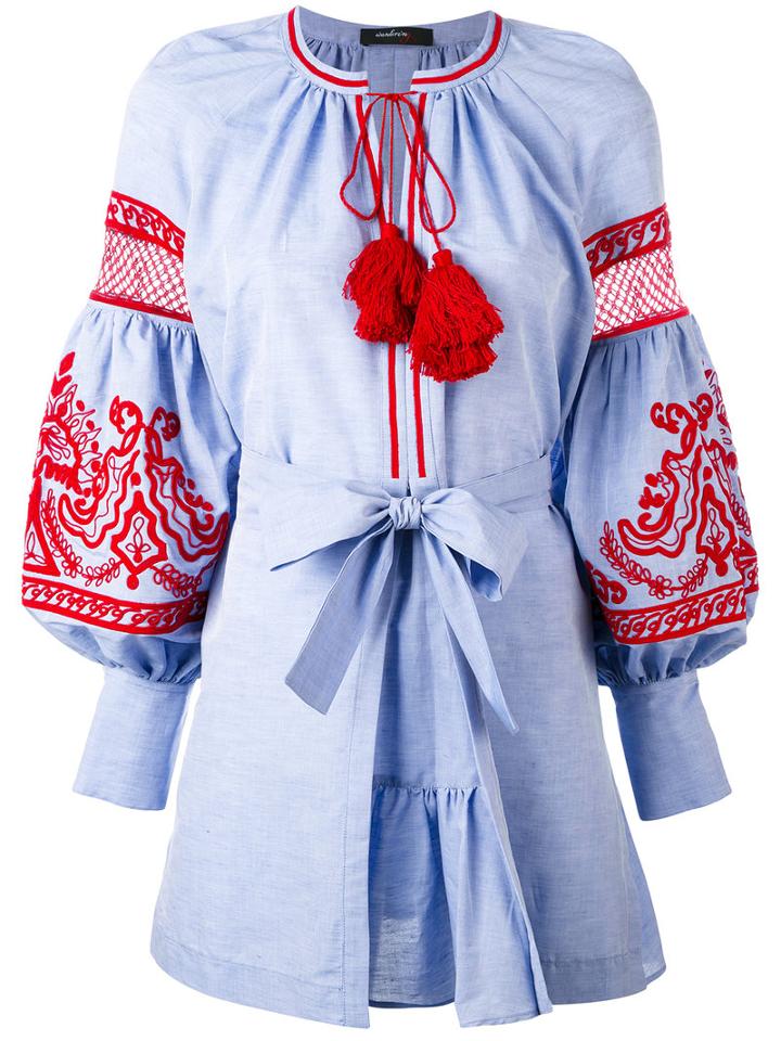 Wandering - Embroidered Mini Dress - Women - Cotton/linen/flax - 44, Blue, Cotton/linen/flax