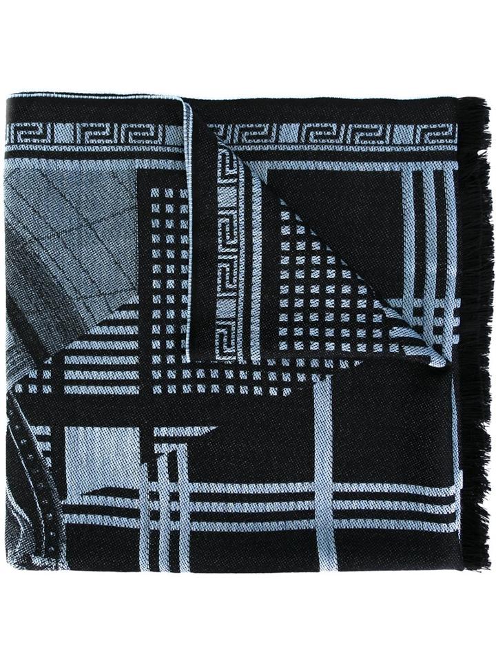 Versace Medusa Tartan Patchwork Scarf, Men's, Blue, Wool