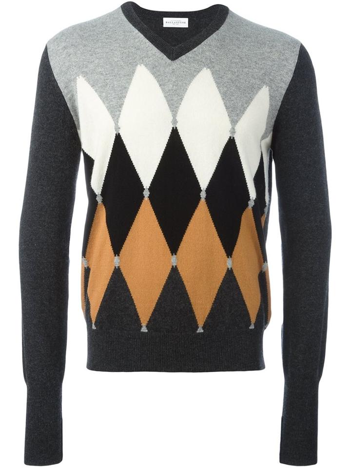 Ballantyne Rhombus Intarsia Jumper, Men's, Size: 52, Grey, Cashmere