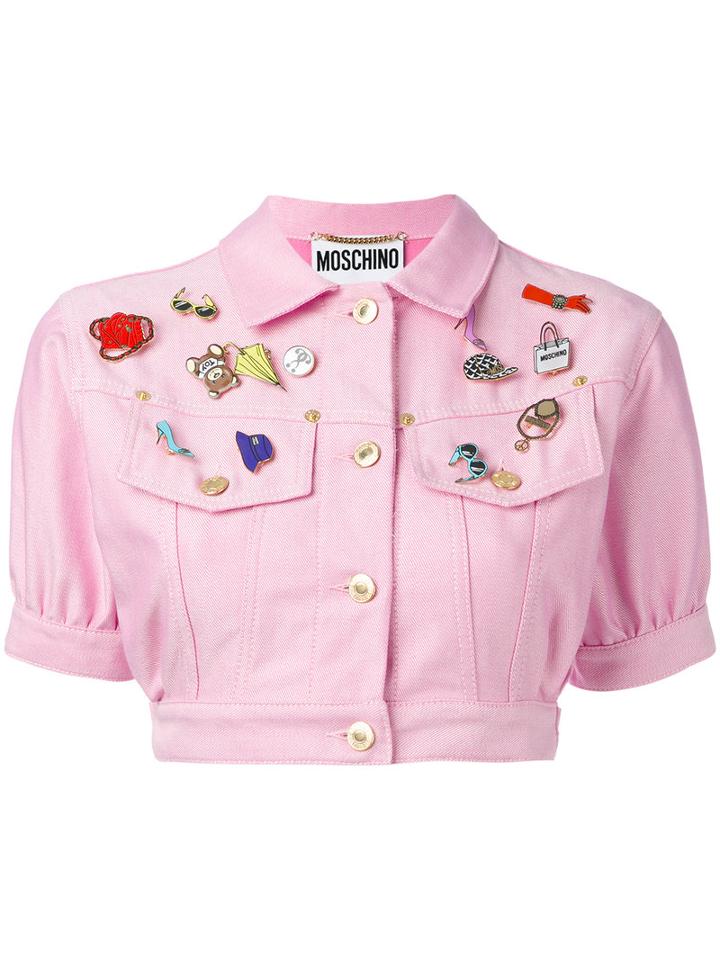 Moschino Vintage - Cropped Denim Badge Jacket - Women - Cotton/polyester/other Fibers - 38, Pink/purple, Cotton/polyester/other Fibers
