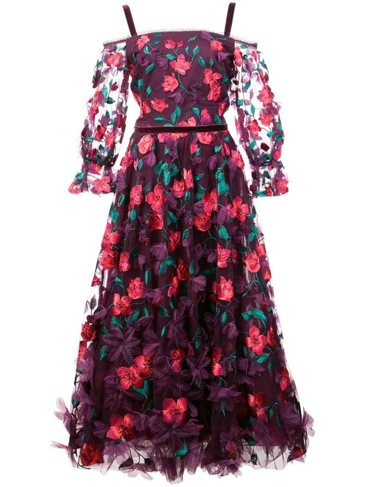 Marchesa Notte 3d Floral Midi Dress - Pink & Purple
