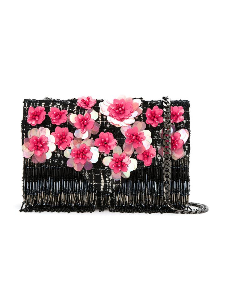 Isla Tweed Embroidered Shoulder Bag - Black
