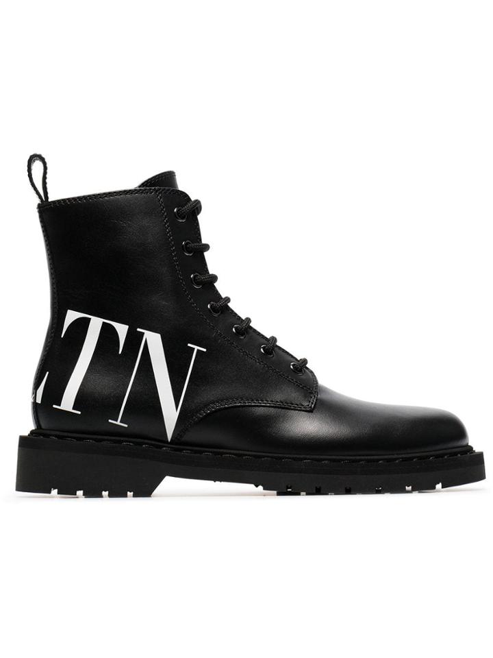 Valentino Logo Printed Leather Boots - Black