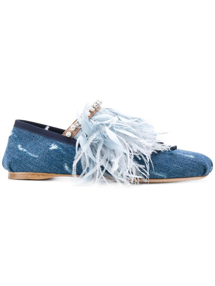 Miu Miu Feather-trimmed Denim Ballerina Shoes - Blue