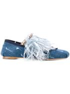 Miu Miu Feather-trimmed Denim Ballerina Shoes - Blue