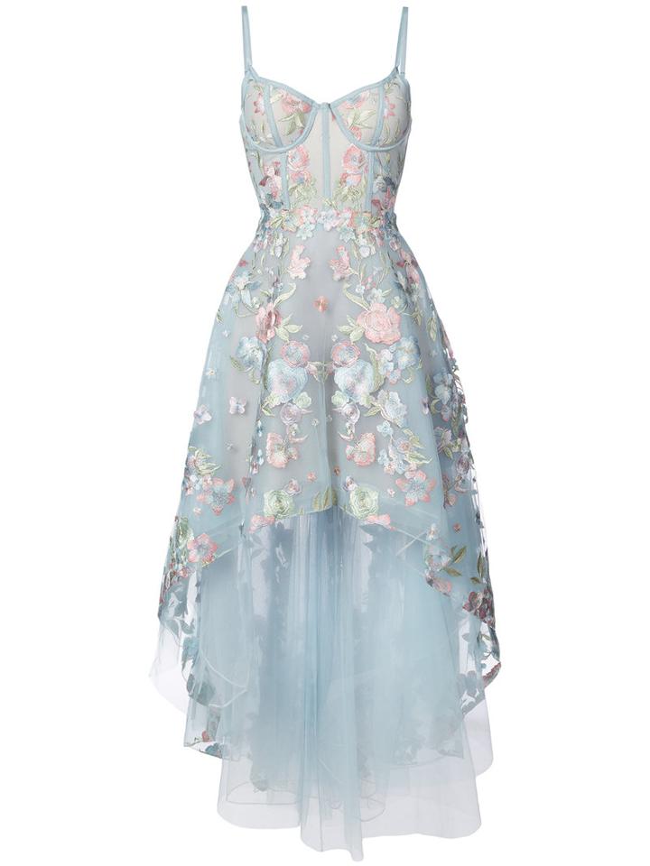 Marchesa Notte - Floral Embroidered High-low Dress - Women - Nylon - 6, Blue, Nylon