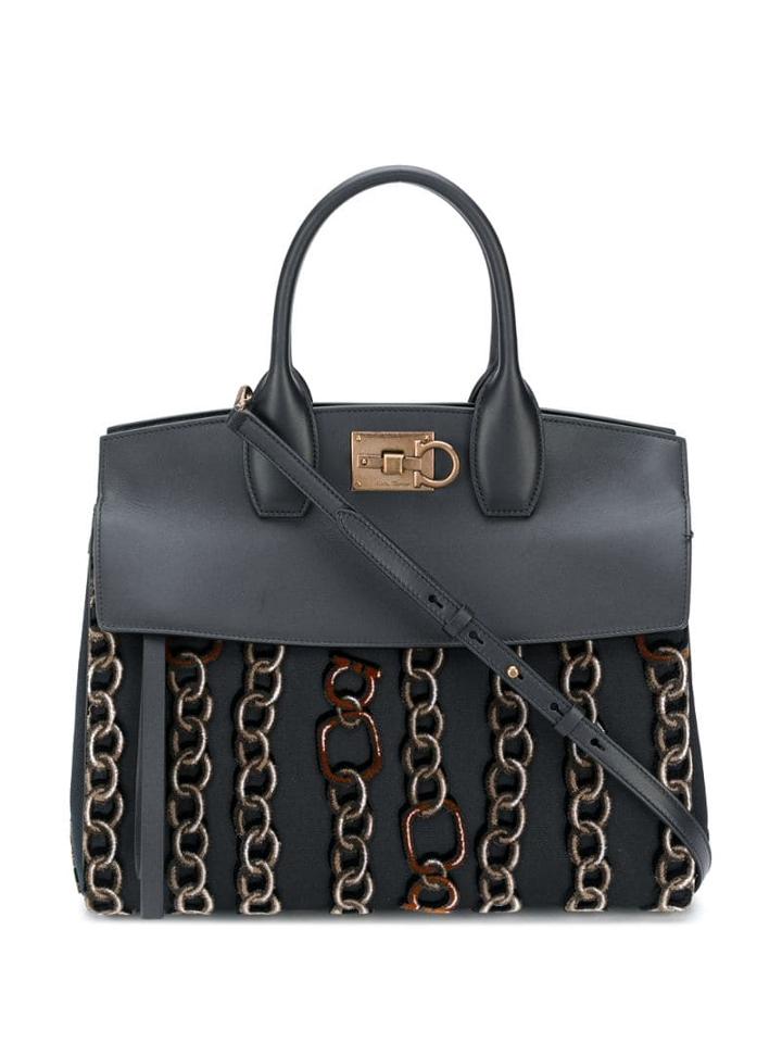 Salvatore Ferragamo Studio Chain Print Tote - Black