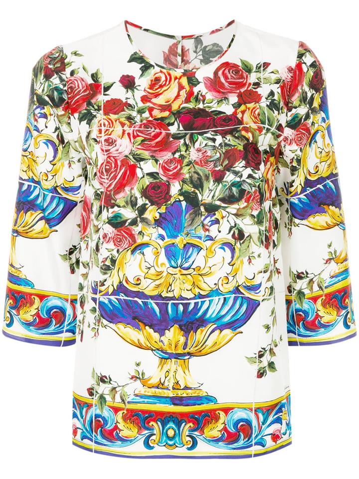 Dolce & Gabbana - Maioliche Print Top - Women - Silk - 40, White, Silk