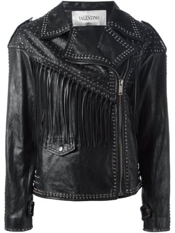 Valentino Studded Biker Jacket, Women's, Size: 42, Black, Silk/cotton/sheep Skin/shearling