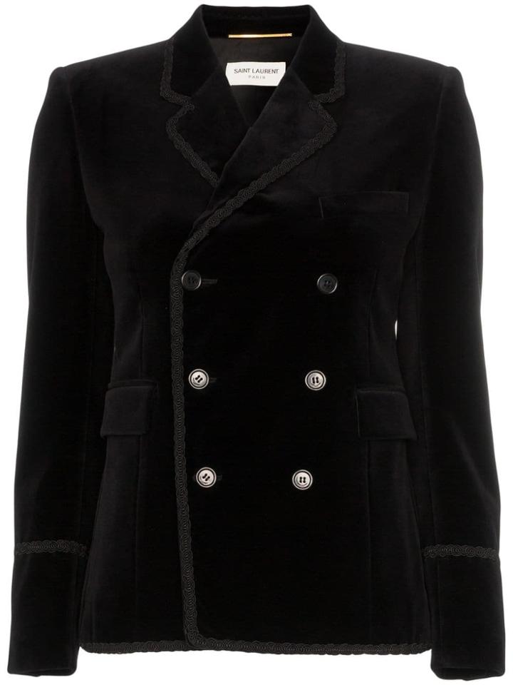 Saint Laurent Double-breasted Braided Tonal Trim Velvet Jacket - Black