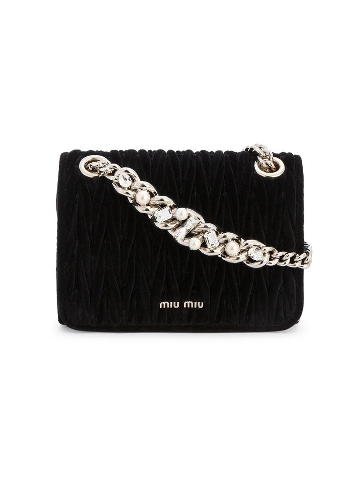 Miu Miu Black Velvet Club Matelassé Crystal Strap Bag