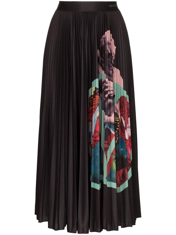 Valentino X Undercover Vlogo Lovers Print Pleated Midi Skirt - Black