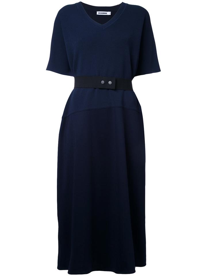 Jil Sander Belted V-neck Dress, Women's, Size: 40, Blue, Cotton/polyamide
