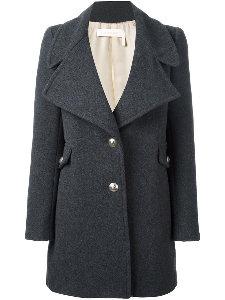 See By Chloé Button Front Short Coat, Women's, Size: 38, Grey, Nylon/polyamide/acetate/wool