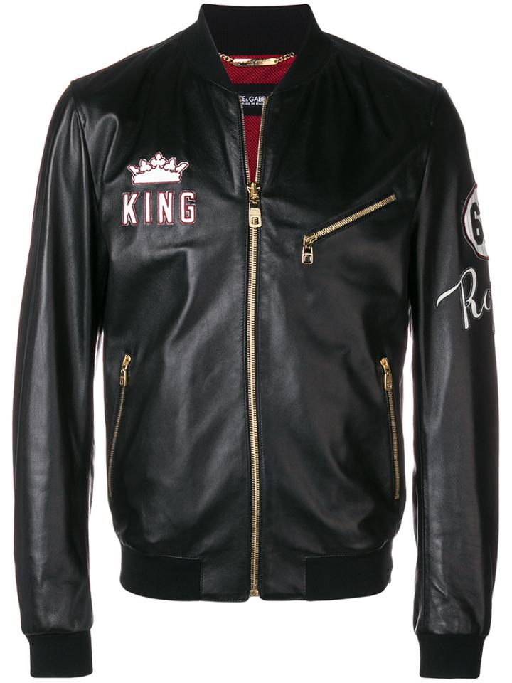 Dolce & Gabbana King Patch Leather Bomber Jacket - Black