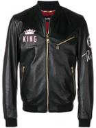 Dolce & Gabbana King Patch Leather Bomber Jacket - Black