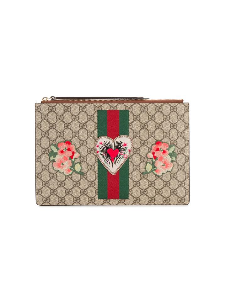 Gucci - Gg Supreme Applique Clutch - Women - Leather/cotton - One Size, Brown, Leather/cotton