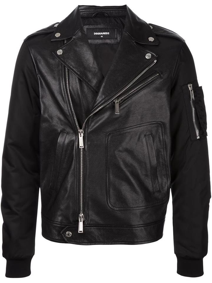 Dsquared2 Bomber Sleeve Leather Jacket, Men's, Size: 52, Black, Calf Leather/polyamide