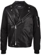 Dsquared2 Bomber Sleeve Leather Jacket, Men's, Size: 52, Black, Calf Leather/polyamide