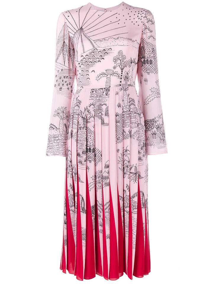 Valentino Garden Segments Pleated Midi Dress, Women's, Size: 42, Pink/purple, Silk/spandex/elastane