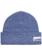 Ganni Logo Patch Knit Beanie - Blue