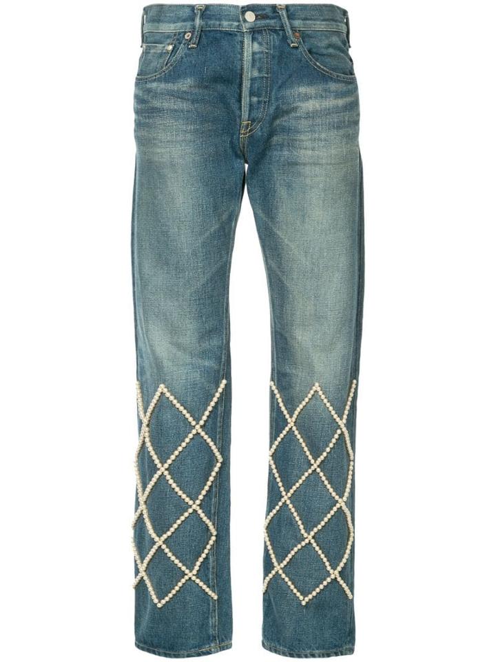 Tu Es Mon Trésor Pearl Embellished Boyfriend Jeans - Blue