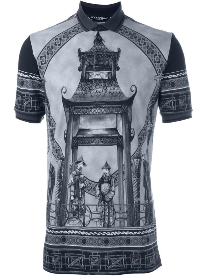 Dolce & Gabbana Chinese Print Polo Shirt, Men's, Size: 52, Black, Cotton