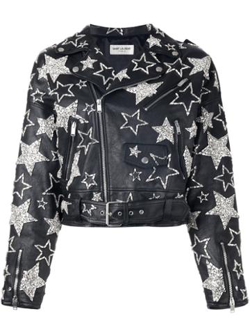 Saint Laurent Star Embellished Leather Jacket, Women's, Size: 36, Black, Cotton/lamb Skin/cupro/glass